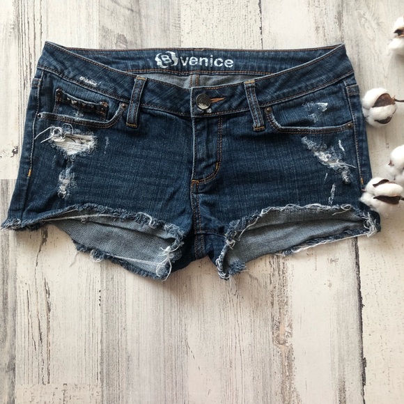 Bullhead Pants - Studded Blue Distressed Jean Shorts Frayed Hem